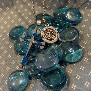 Steel Cross with Blue inlay.w/Saint Michael Charm.